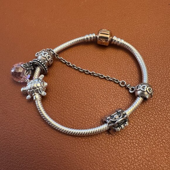 Pandora Bracelet Charm Set 6.5" with Rose Gold Sea Turtle Zirconia Purse Jem - Picture 1 of 12